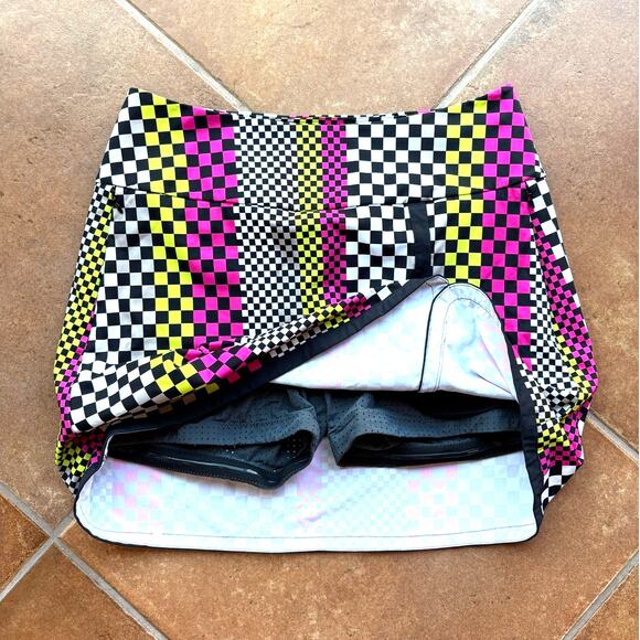 Kinona Sporty Neon Yellow and Pink Checkered Golf Skort with Deep Pockets size L - Picture 9 of 11